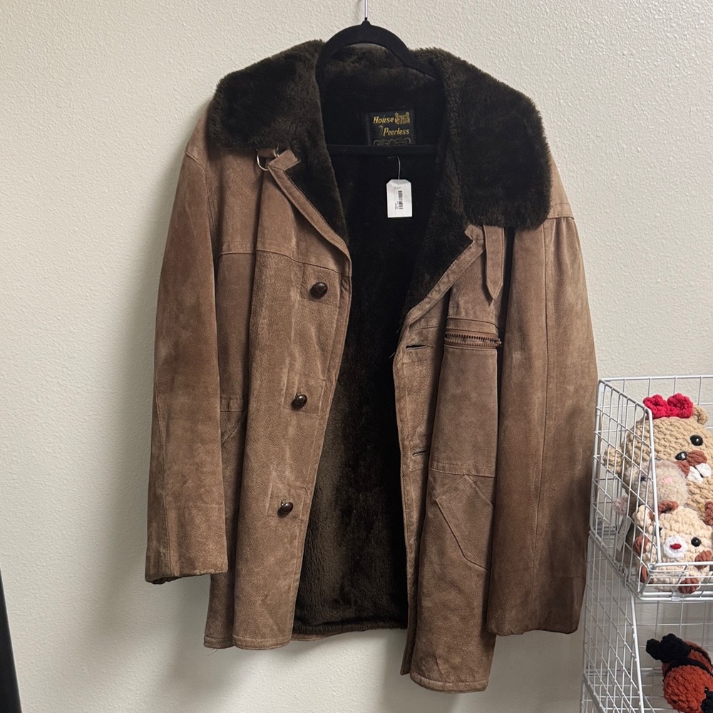 Men's Suede Brown Coat with Fur Collar
